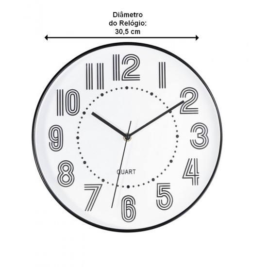 Relógio De Parede 30,5cm Por 4,5cm Quartz De Plástico Preto com Branco